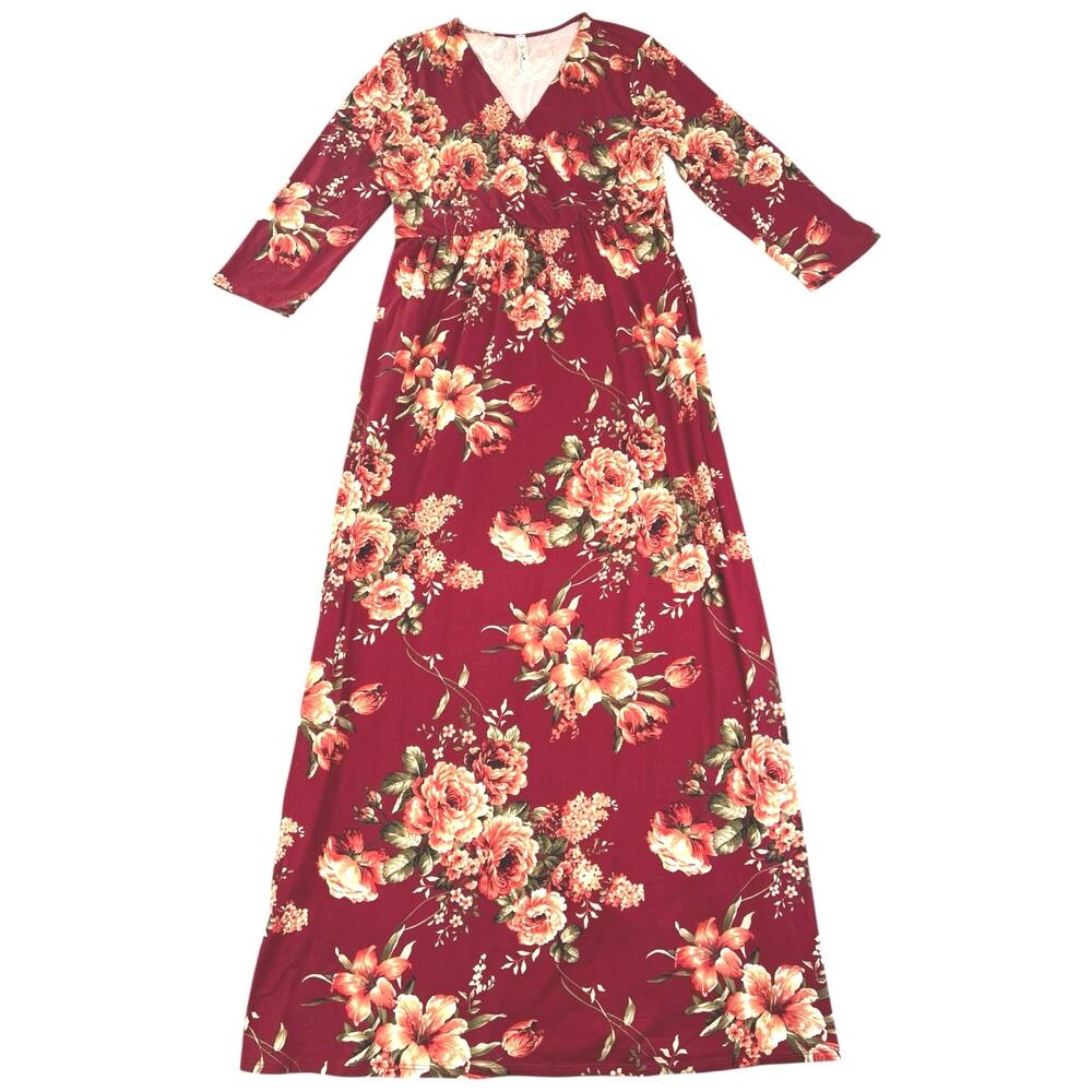 Bee Unique Red Floral Faux Wrap Maxi Dress Boho Empire Waist Long Sleeve - XL